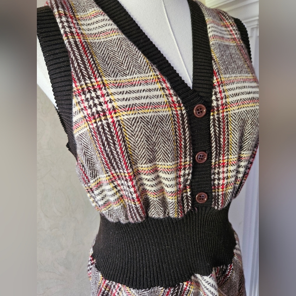 Vintage Brown Plaid Sweater Mini Dress Cinched Waist Pullover - Picture 4 of 8